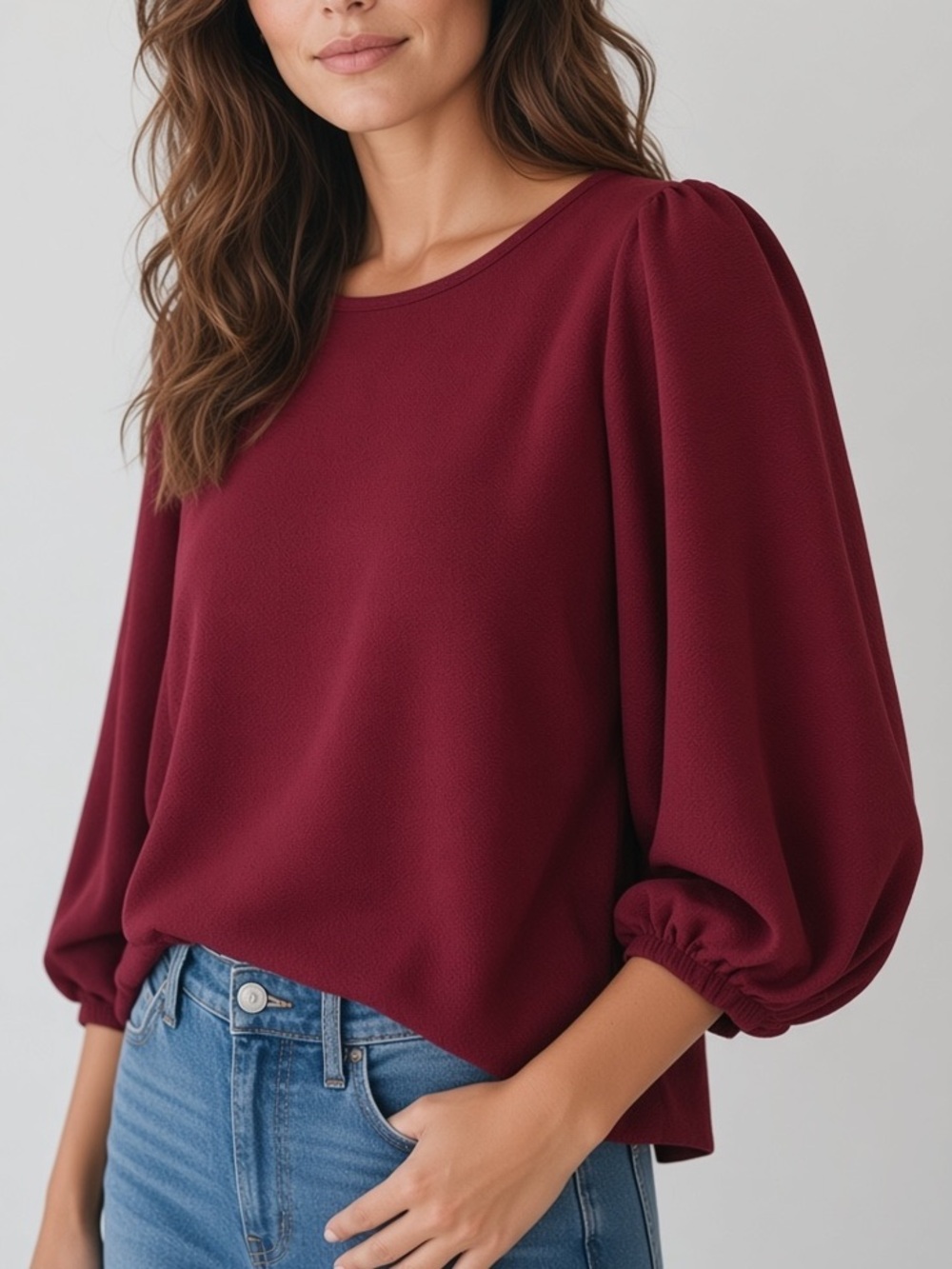 Burgundy Puff Sleeve Blouse Made USA Romantic Green Envelope Los Angeles M